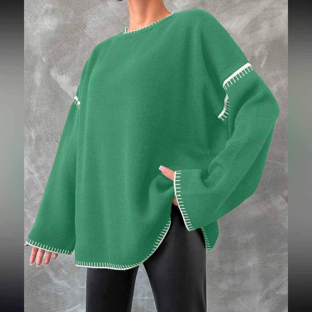 Luxe Comfy Knit Stitched Detail Sweater Top Holiday Green